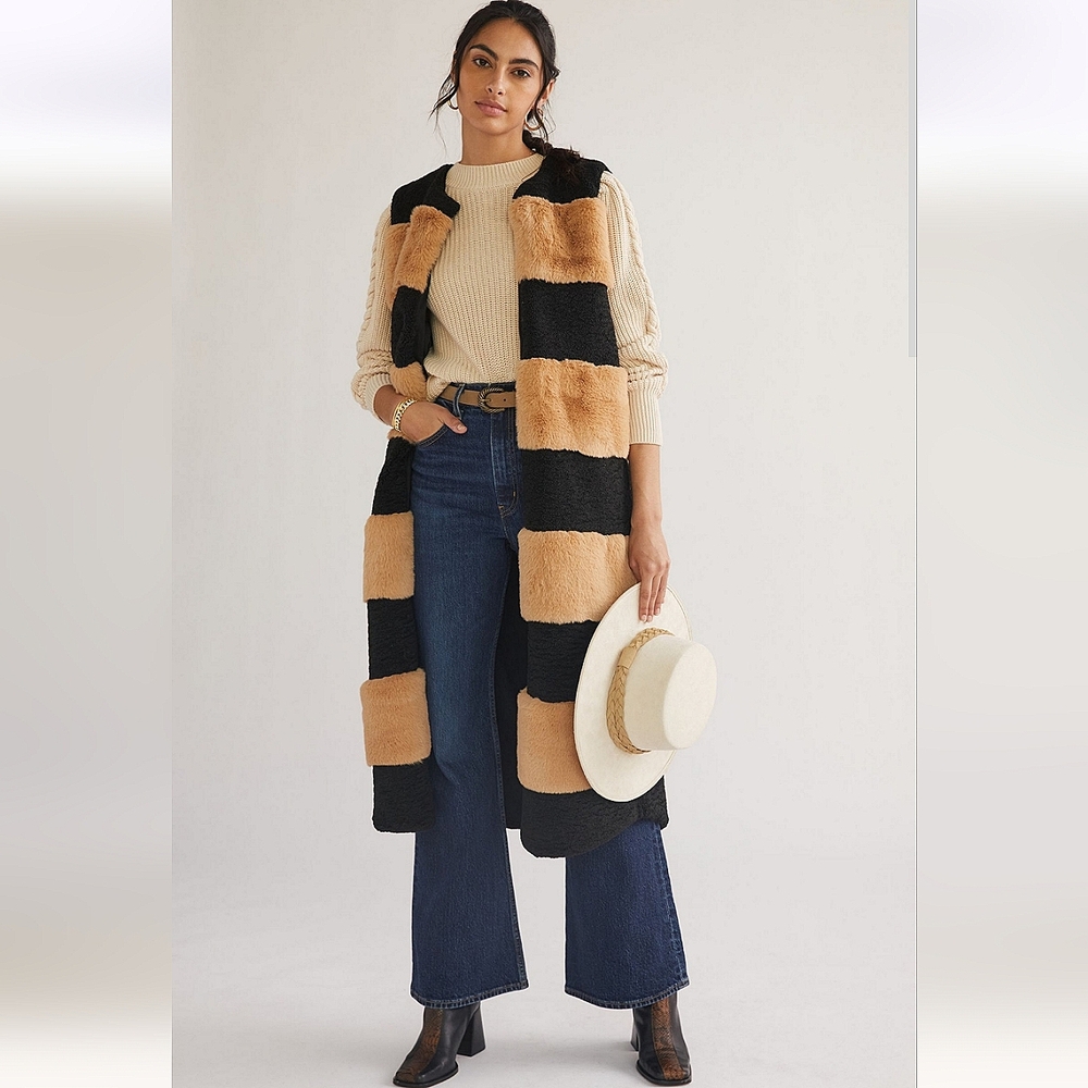 Anthropologie Striped Faux Fur Vest
